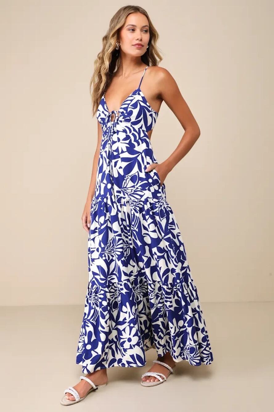 Lulus Mykonos Memories Blue and Ivory Abstract Maxi Dress With Pockets Size XS